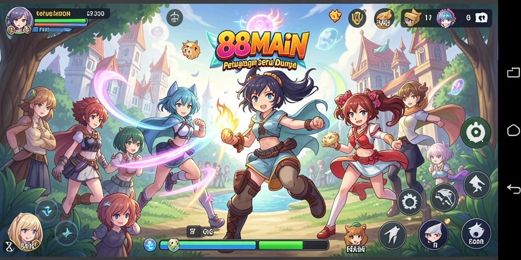 Tangkapan layar utama dari gameplay 88MAIN menunjukkan aksi seru dan karakter anime yang menarik.