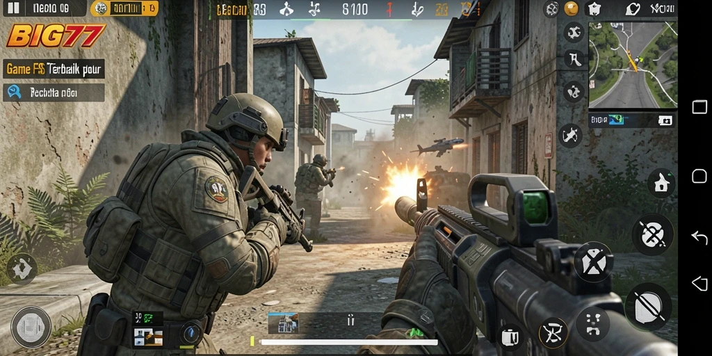 Screenshot BIG77 menampilkan aksi menembak intens di battlefield.