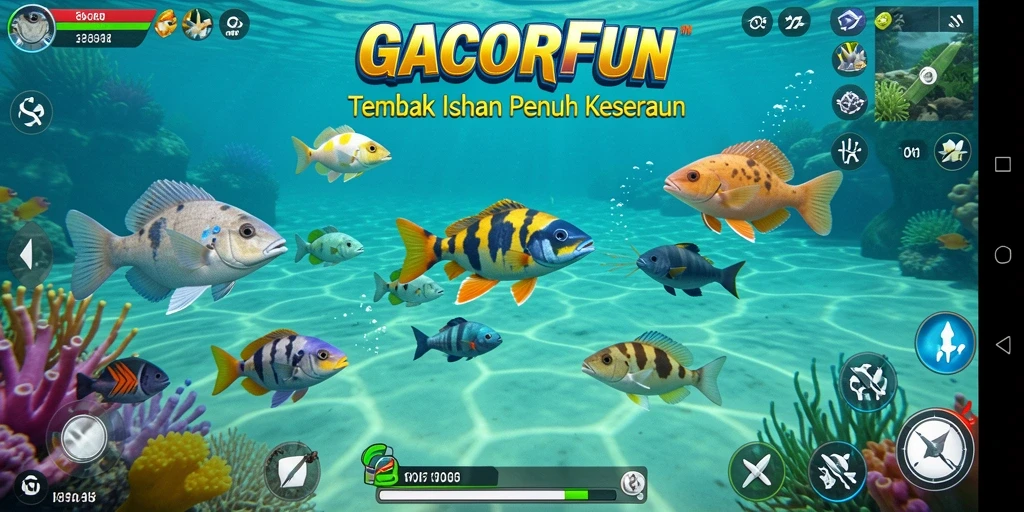 Tampilan gameplay GACORFUN yang seru saat menembak ikan.