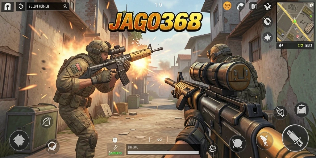 Screenshot utama JAGO368 menunjukkan aksi tembak-menembak yang mendebarkan.