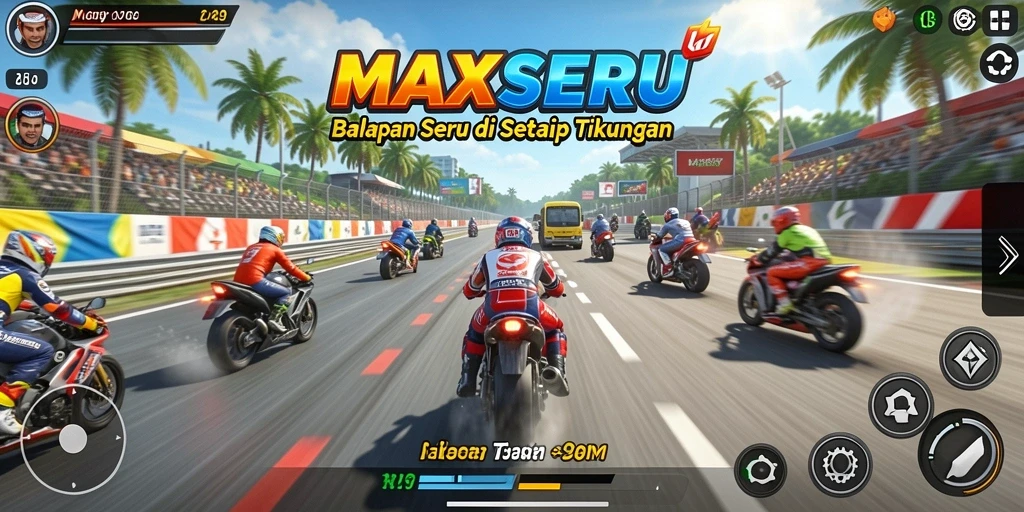 Gameplay Racing seru di MAXSERU dengan banyak aksi balapan.